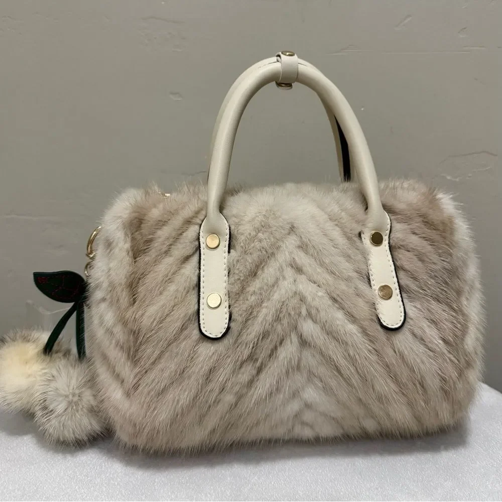 Ivory Real Mink Fur & Leather Handles Handmade Boston Bag & Mink Fur Bag Charm